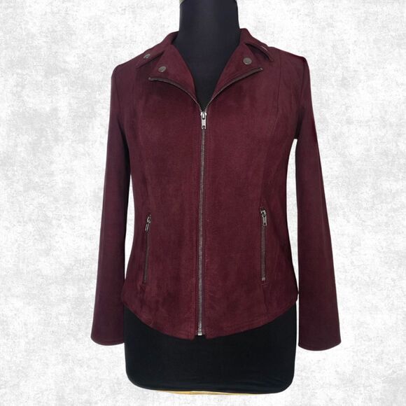 Style & Co Burgundy Faux Suede Moto Jacket Zip Up Stretch Medium Soft Grunge - Picture 1 of 8